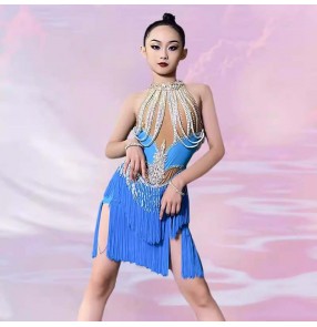 Girls Turquoise rhinestones fringe competition latin dance dresses for girls kids salsa ballroom dancing costumes for children